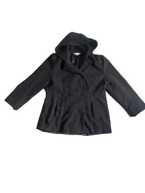 Jason Kole Black Hooded Double Breasted Wool Blend Pea Coat Jacket-M